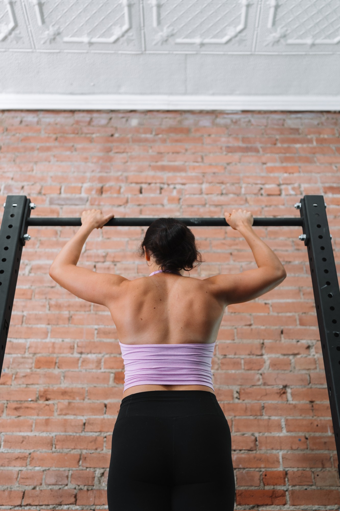 Brett from behind, gripping a pull-up bar in front of a brick wall